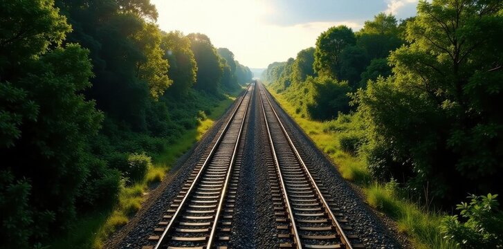 Overhead shot of parallel railway lines stretching into the distance, long, geometric