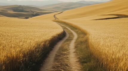 Serene Dirt Path Winding Through Golden Wheat Fields on Rolling Hills Landscape