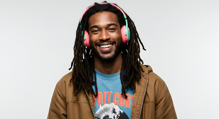Fototapeta premium Black Man with Dreadlocks and Headphones – White Background