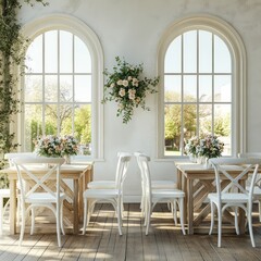 Fototapeta premium Elegant dining area features arched windows and floral decorations