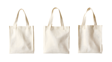 Three identical, empty canvas tote bags displayed against a white background, ideal for eco-friendly shopping or branding