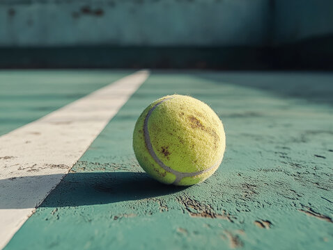 [Tennis ball on a tennis court] Tennis ball on worn-out green tennis court with service box details
