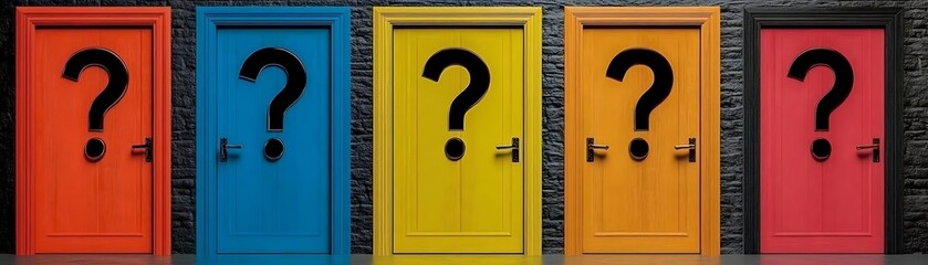 Colorful doors with question marks representing the challenging decision making process of choosing the right career path amid uncertainties and fears of missing better options, 