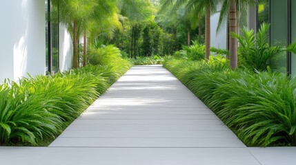 Obraz premium Lush Pathway Tropical Greenery Modern Minimalist Style Bright Sunlight Full-length Perspective Smooth Concrete Surface Tranquil Escape Lush Gardens Serene Green Tones Ideal for Landscape Design