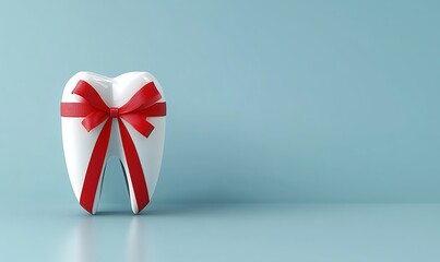 A white molar shaped like a gift decorated with a red ribbon set against a light blue background, perfect for marketing ideas 