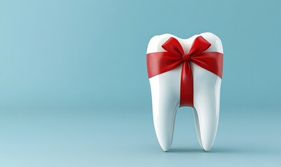 A white molar shaped like a gift decorated with a red ribbon set against a light blue background, perfect for marketing ideas 