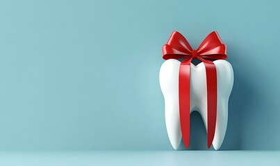 A white molar shaped like a gift decorated with a red ribbon set against a light blue background, perfect for marketing ideas 