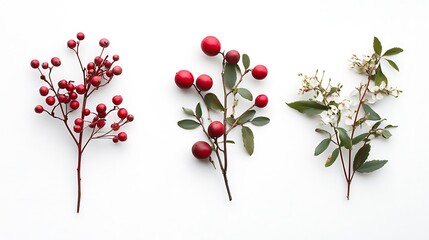 Red berries with white flowers, and flatlay.