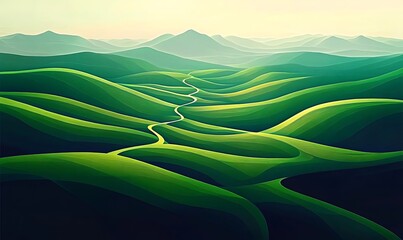 Green rolling hills landscape in a minimalist abstract style. 
