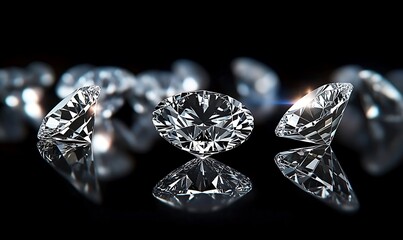 Expensive cut diamonds arranged in front of a black background, with reflections on the ground, to accentuate the brilliance of the diamonds. , 
