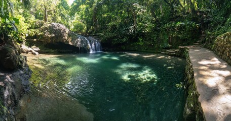 Naklejka premium Lush green scenery with flowing waterfall into clear pool of water