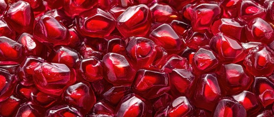 Macro Shot of Pomegranate Arils Tightly Clustered Showcasing Vibrant Red Color and Glossy Texture