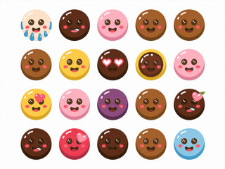 Cute kawaii donut faces with various emotions and expressions in pastel colors