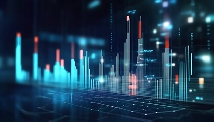 Perspective view of stock market growth business investing and data concept with digital financial chart graphs diagrams and , 