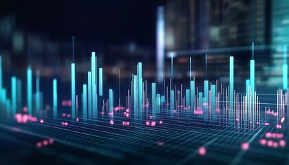 Perspective view of stock market growth business investing and data concept with digital financial chart graphs diagrams and , 