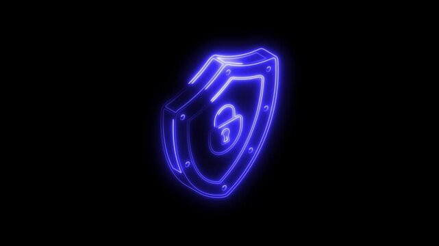 Glowing neon shield icon,  isolated on black background. HD Video motion graphic animation