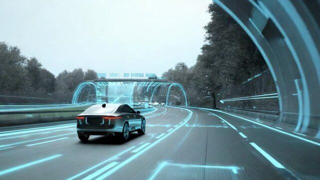 Navigating the Future: An autonomous vehicle gracefully navigates a technologically advanced highway system, showcasing the cutting-edge technology of driverless transportation. 