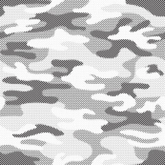 Abstract halftone seamless camouflage pattern. Repeating digital dotted hexagonal camo military texture background. Abstract modern fabric textile ornament. Vector illustration.