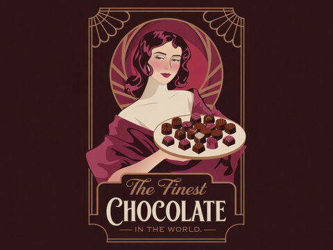 Vintage art deco poster featuring elegant woman with plate of chocolates