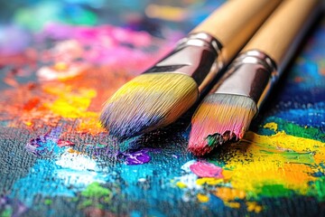 Obraz premium Vibrant Paintbrushes on Colorful Palette: Creative Art Tools in Focus
