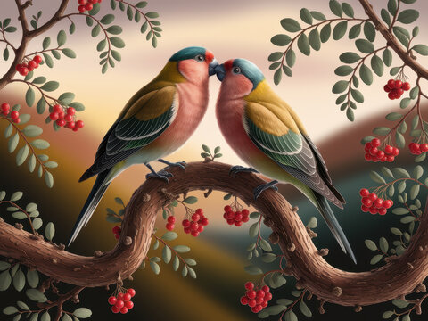 Colorful birds in romantic nature setting on twisting branch with red berries and soft light