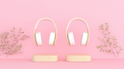 Minimalistic Floating Headphones with Natural Elements on Pastel Pink Background
