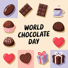 World chocolate day celebration with sweets, hearts, and gift boxes in a festive layout
