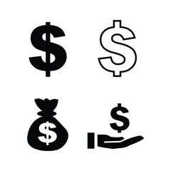 Money bag and Dollar Sign Icons set, Black and White Vector Collection for Finance and Banking