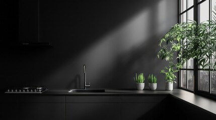 Modern black kitchen interior design with indoor plants accents