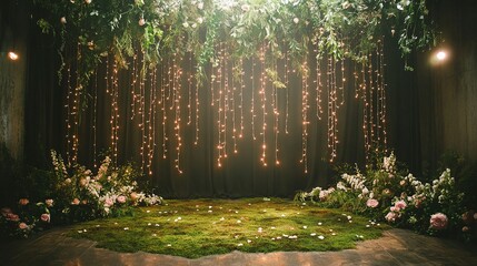Magical Indoor Wedding Ceremony Backdrop with Cascading Fairy String Lights, Suspended Greenery Canopy, Pink Rose Floral Arrangements and Moss Carpet Floor with Scattered Petals Against Dark Curtain