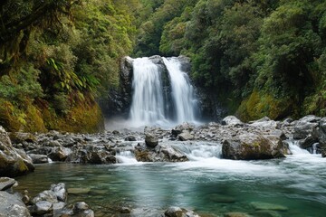 Obraz premium Beautiful flowing waterfall cascades into a clear green water stream