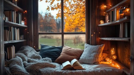 Cozy autumn nook with a window view, perfect for reading and relaxation