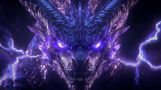 3D animation dragon face with glowing electric blue