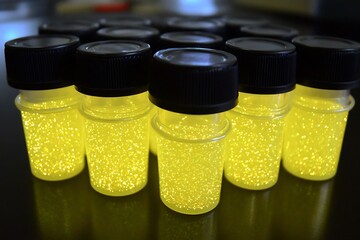 Small glass vials filled with luminescent yellow particles.