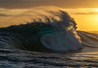 Golden Hour Ocean Wave: A Dramatic Teal and Gold Seascape
