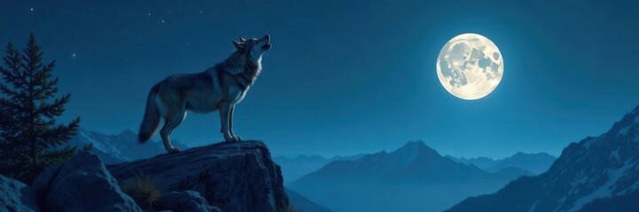 A lone wolf stands atop a rocky outcropping howling at the full moon, wilderness, solitude