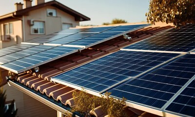 Solar panels gleam on a tiled roof, near a house, bathed in sunlight under a bright, serene sky, promising clean energy solutions