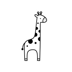 Adorable Black and White Cartoon Giraffe Illustration, Perfect for Kids' Projects and Designs