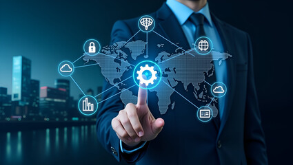 Businessman touching virtual gear over world map image