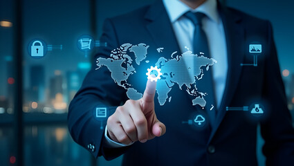 Man touching world map with gear on a digital interface