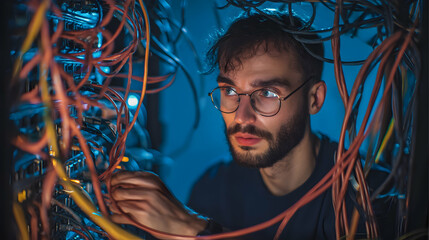 server repair officer is doing repairs in the server room