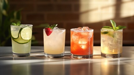 Four colorful, refreshing cocktails sit on a bright, marble surface. Perfect for advertising summer drinks or a happy hour special.