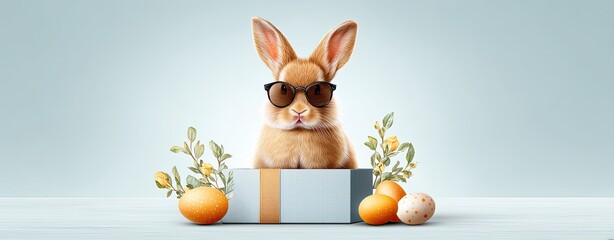 Rabbit with sunglasses sitting in gift box with easter eggs on light blue background for festive promotions, fun rabbit with sunglasses sitting in gift box with easter eggs on light blue background 