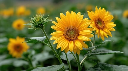 Bright sunflowers in a vibrant field glow with warm colors and shallow depth of field on a sunny day showing a transperent background.