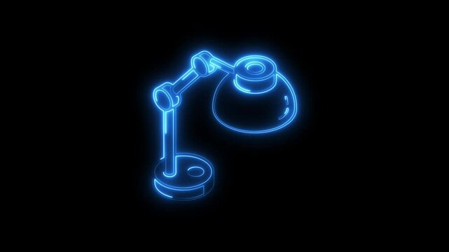Glowing neon table lamp icon 4k isolated on black background. HD Video motion graphic animation