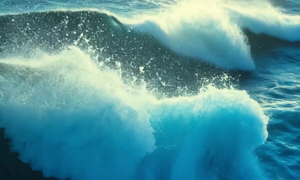 Aerial view of deep blue ocean currents swirling in a powerful marine pattern with dramatic foam textures.