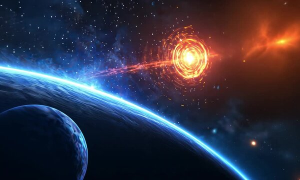 Dynamic space scene with planets, stars, and a glowing celestial event in a vivid galactic environment.