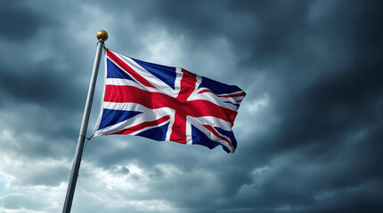 british flag waving in the wind of the storm sky