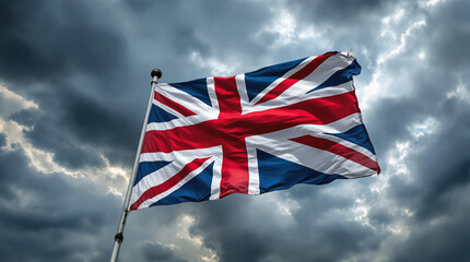 british flag waving in the wind of the storm sky