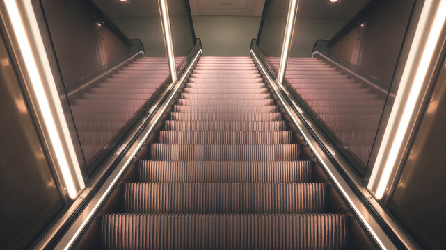escalator in the airport. Glowing neon escalator stairs